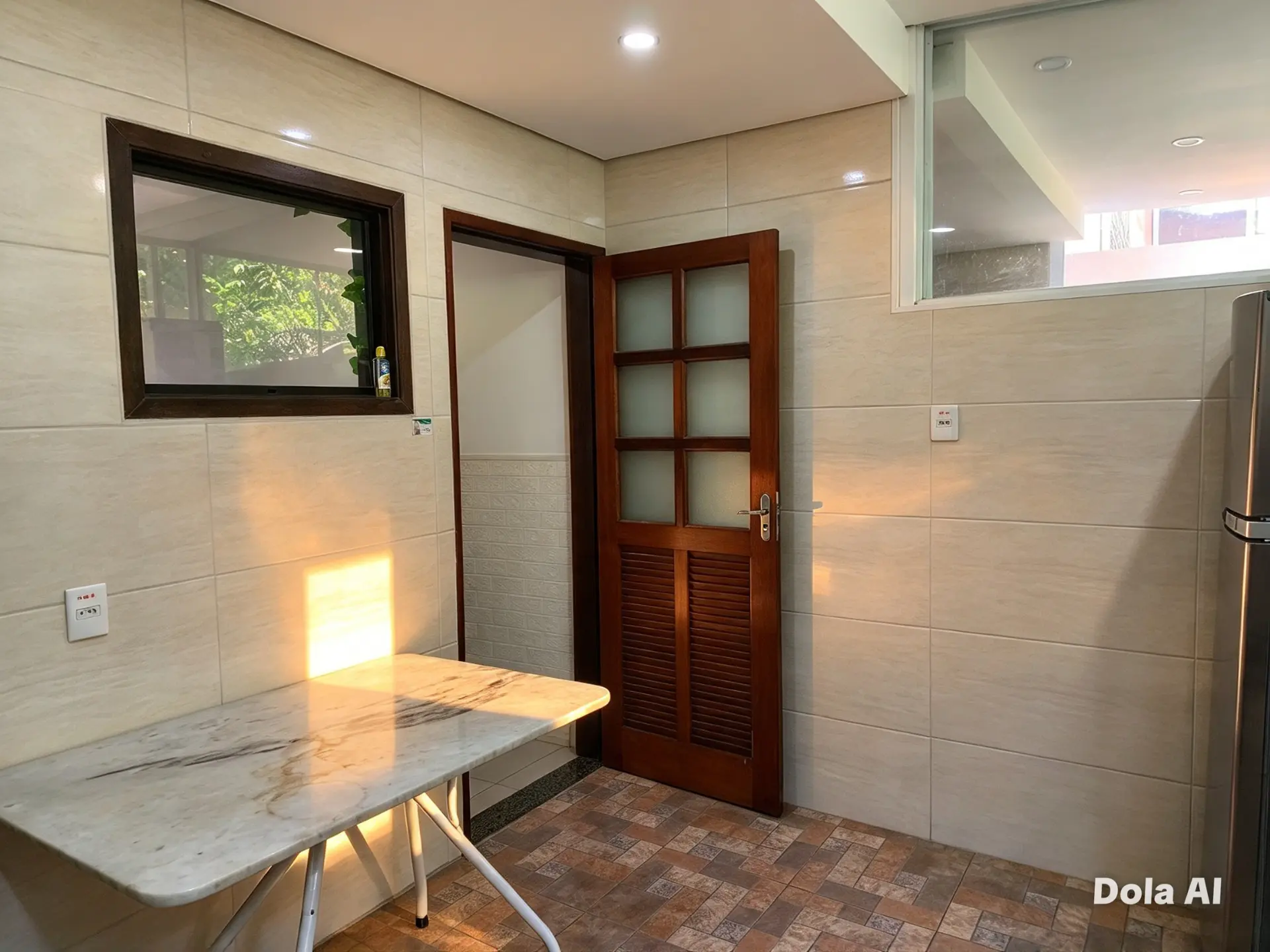 Cozinha com mesa de apoio junto à janela e passagem para a sala