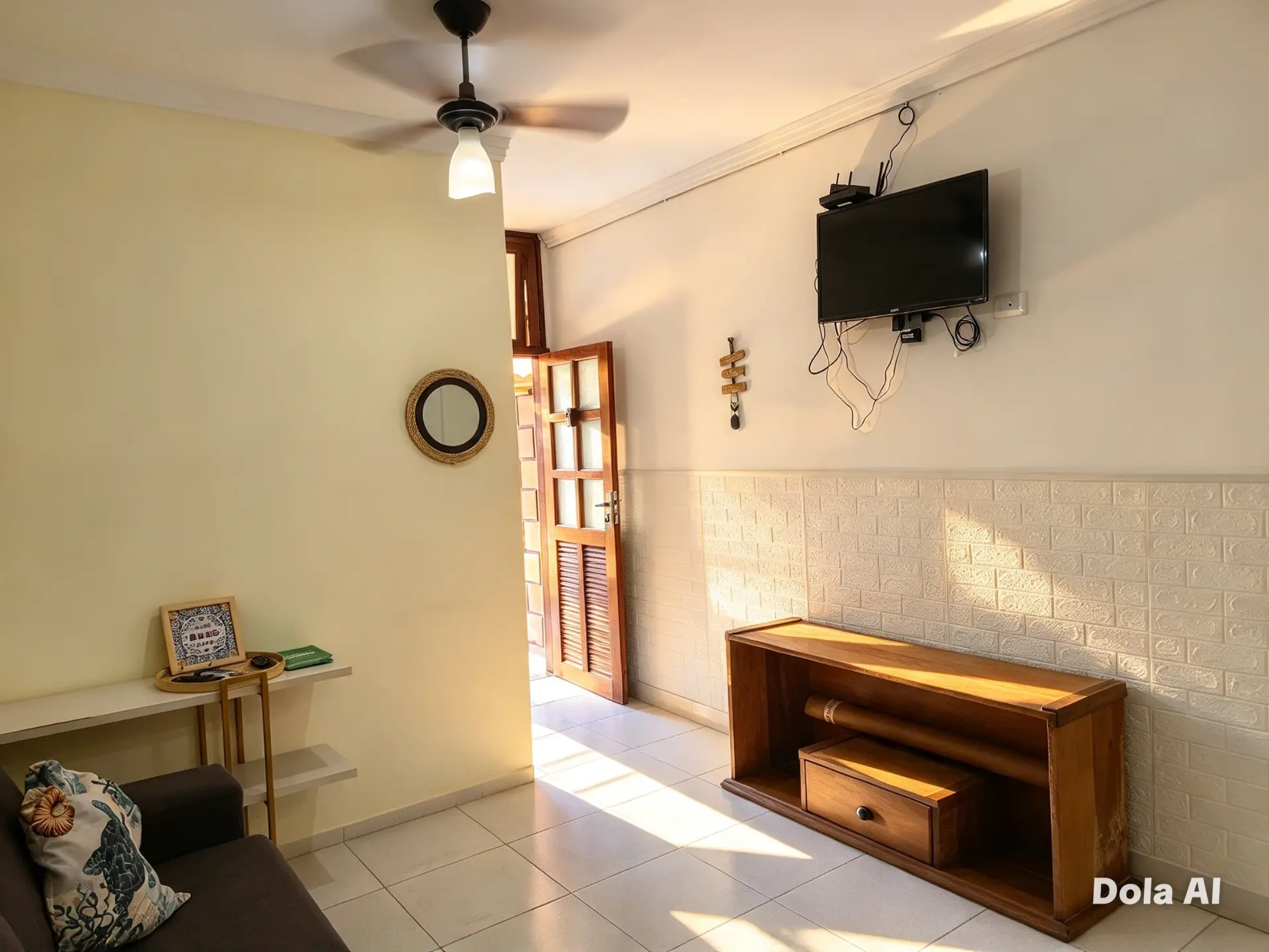 Sala do apartamento com TV na parede, ventilador de teto e aparador de madeira