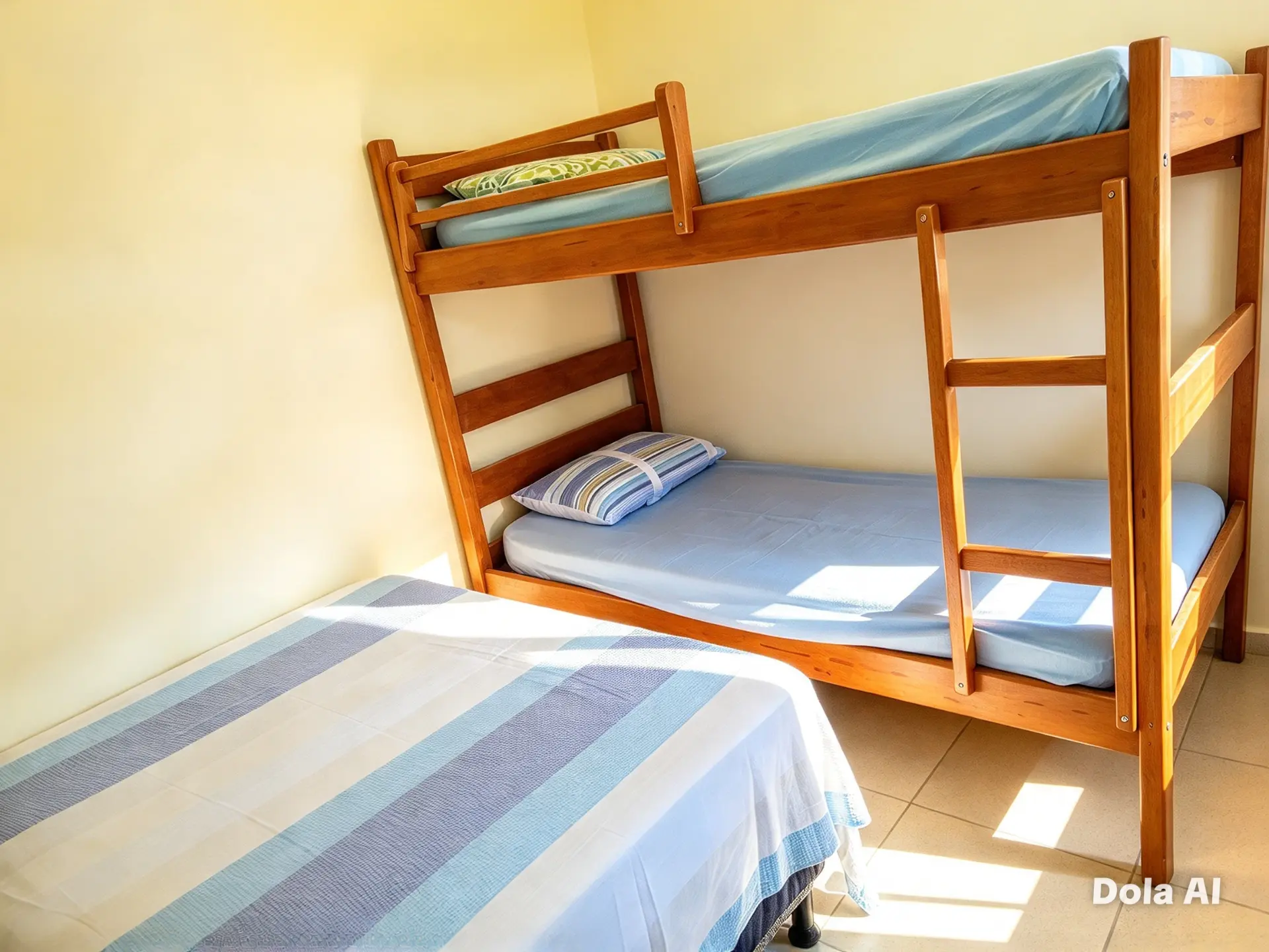 Dormitório com beliche de madeira e cama de solteiro