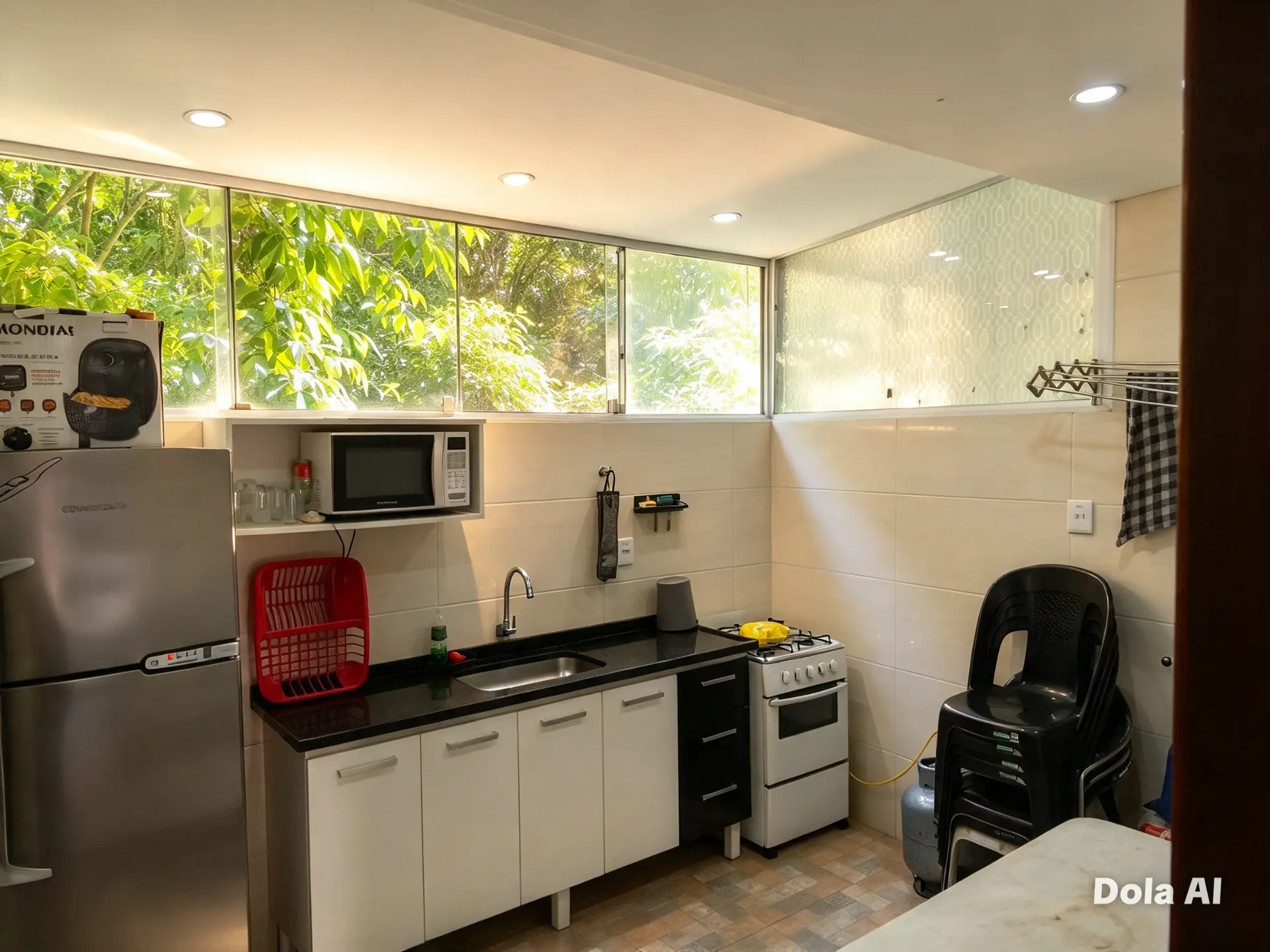 Cozinha com geladeira, fogão, micro-ondas e pia, com janelas para áreas verdes