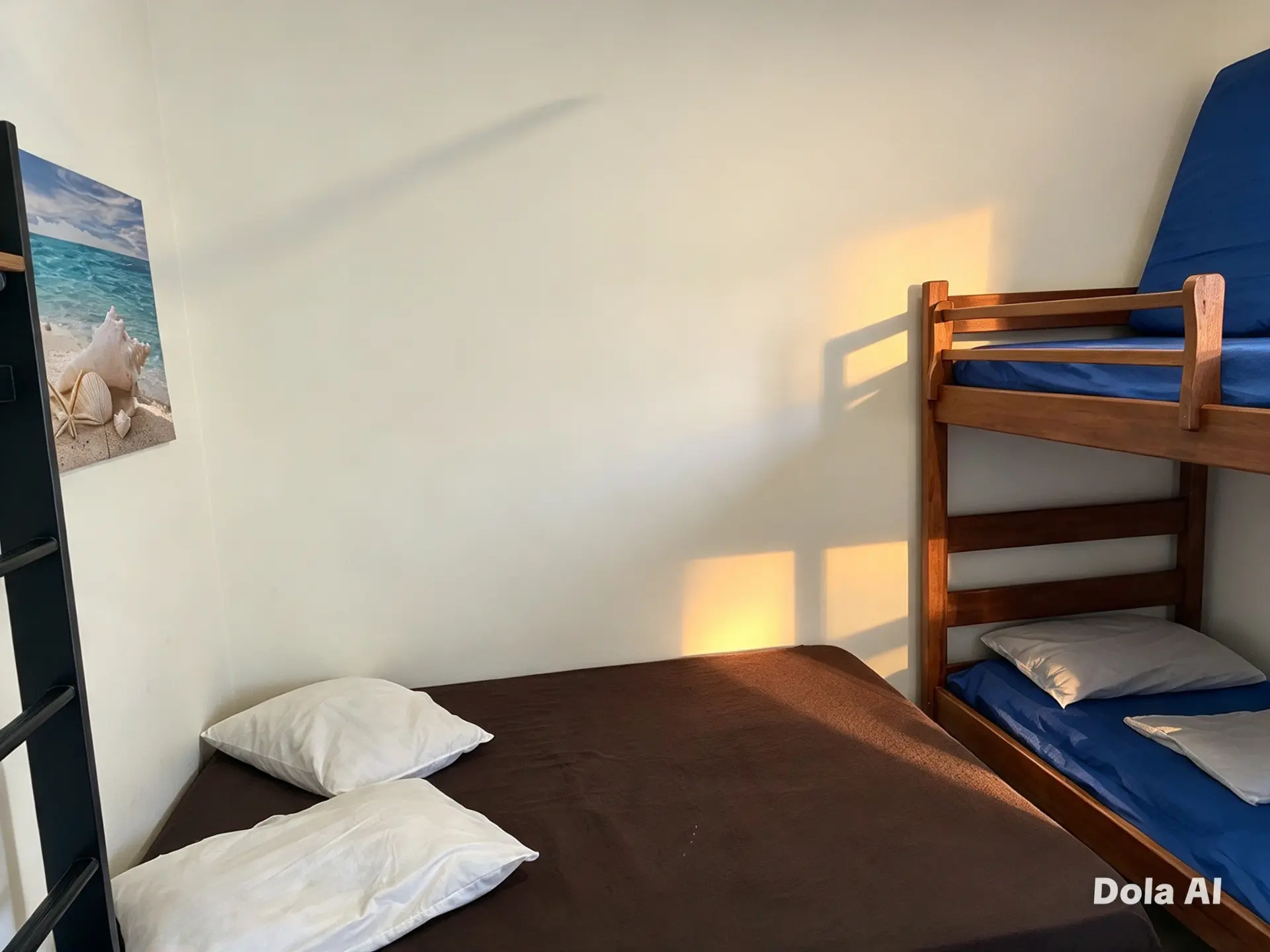 Dormitório com cama e beliche de madeira