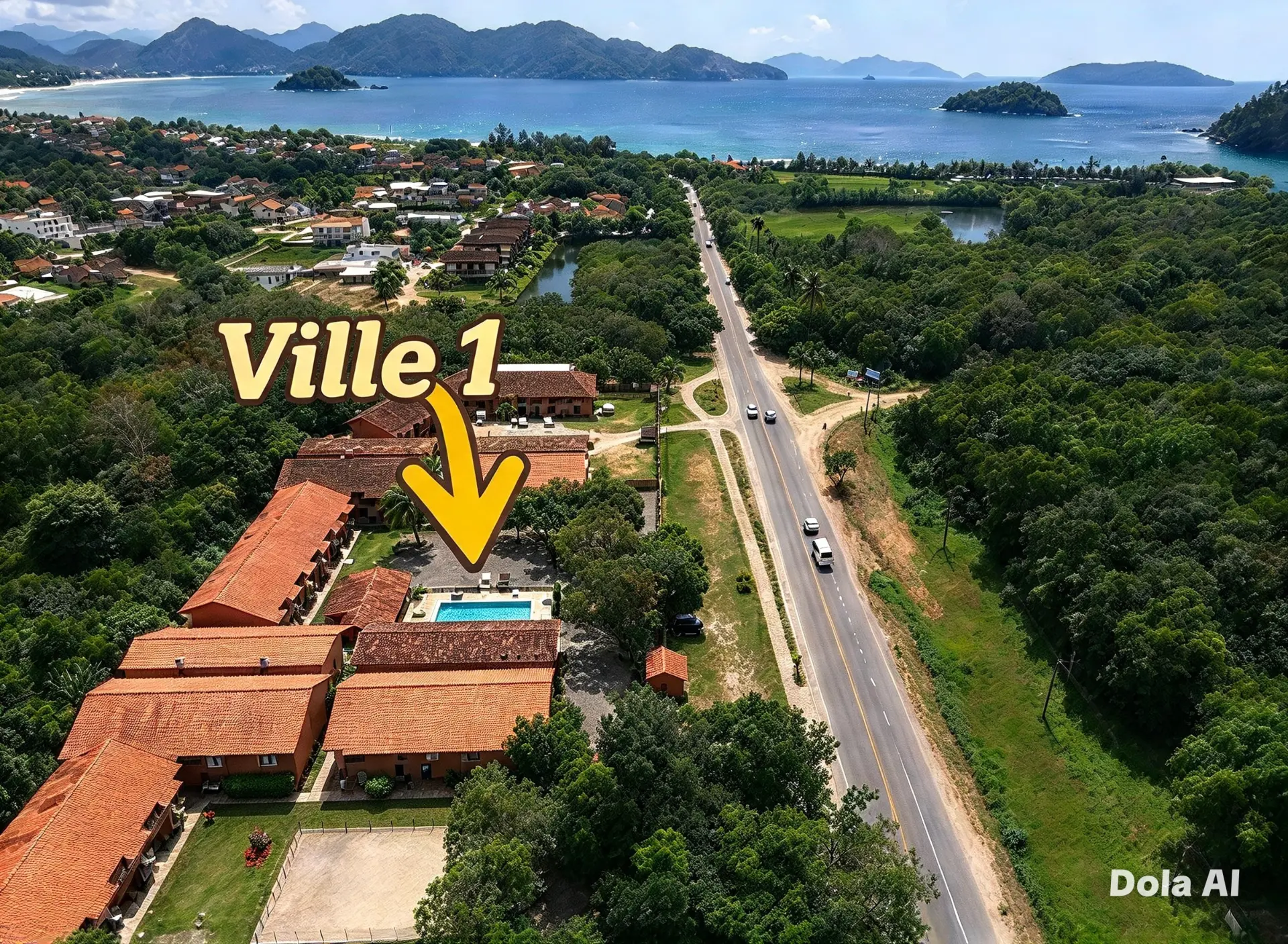 Vista aérea do condomínio com piscina e edificações de telhado de telha