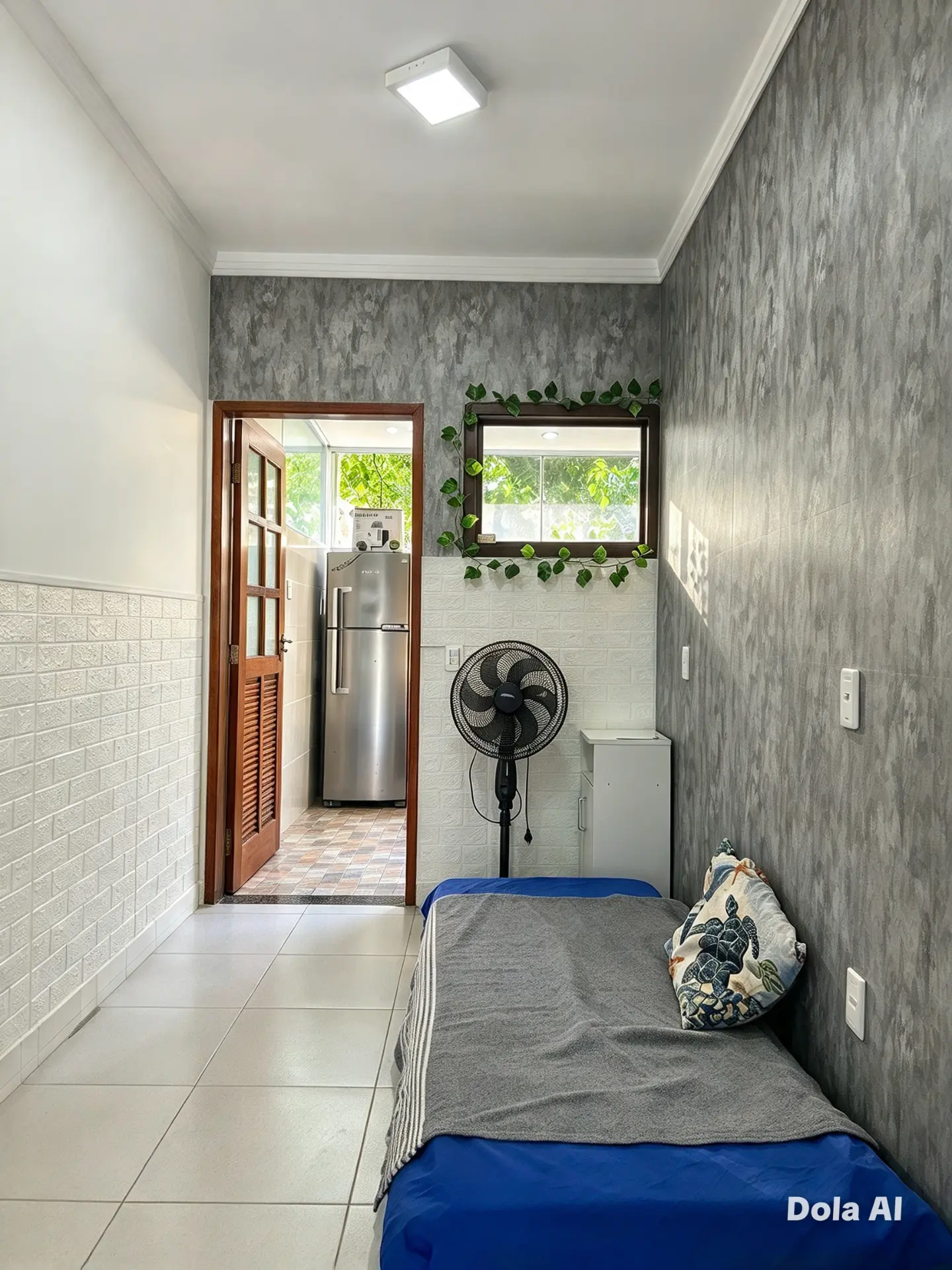 Sala com sofá aberto, ventilador e passagem para a cozinha