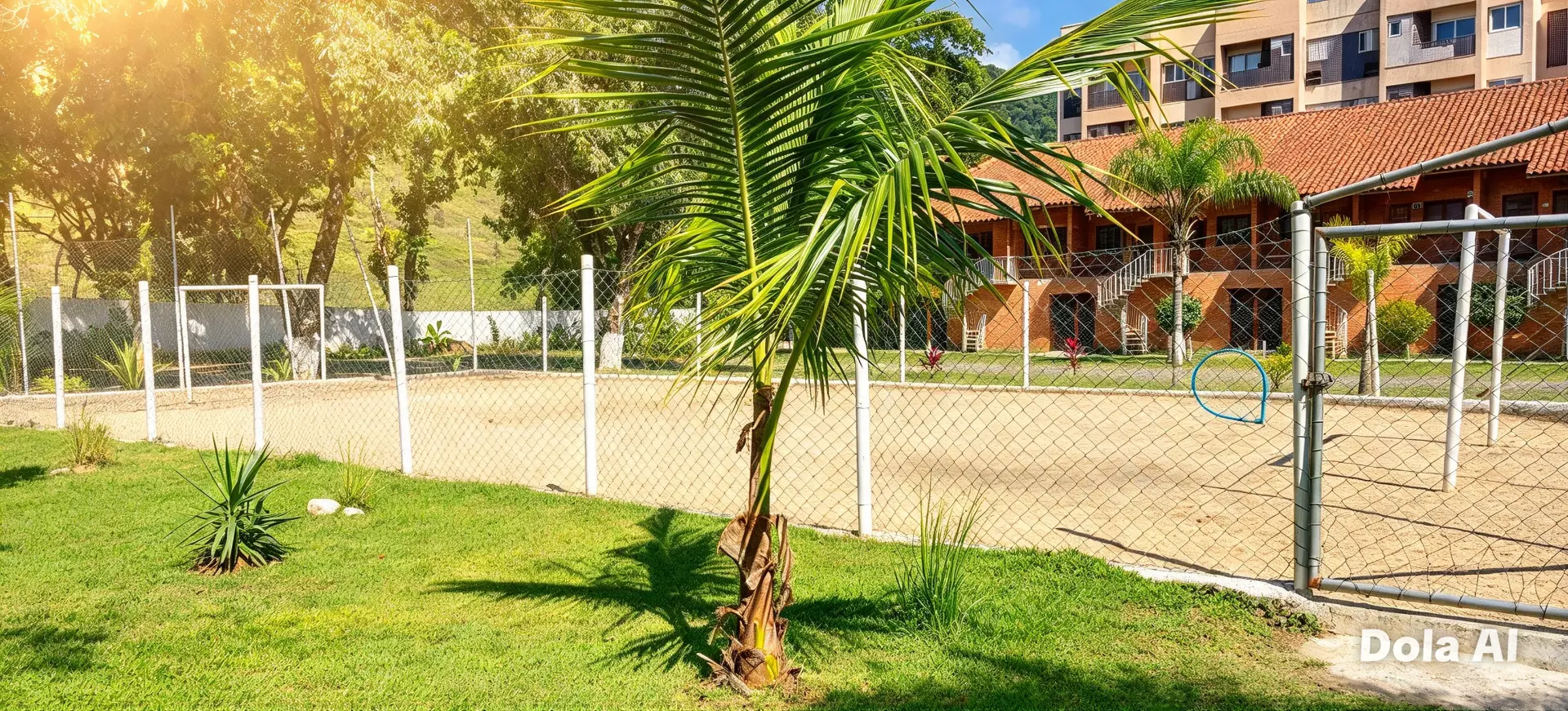 Campinho de areia cercado, entre as áreas verdes do condomínio