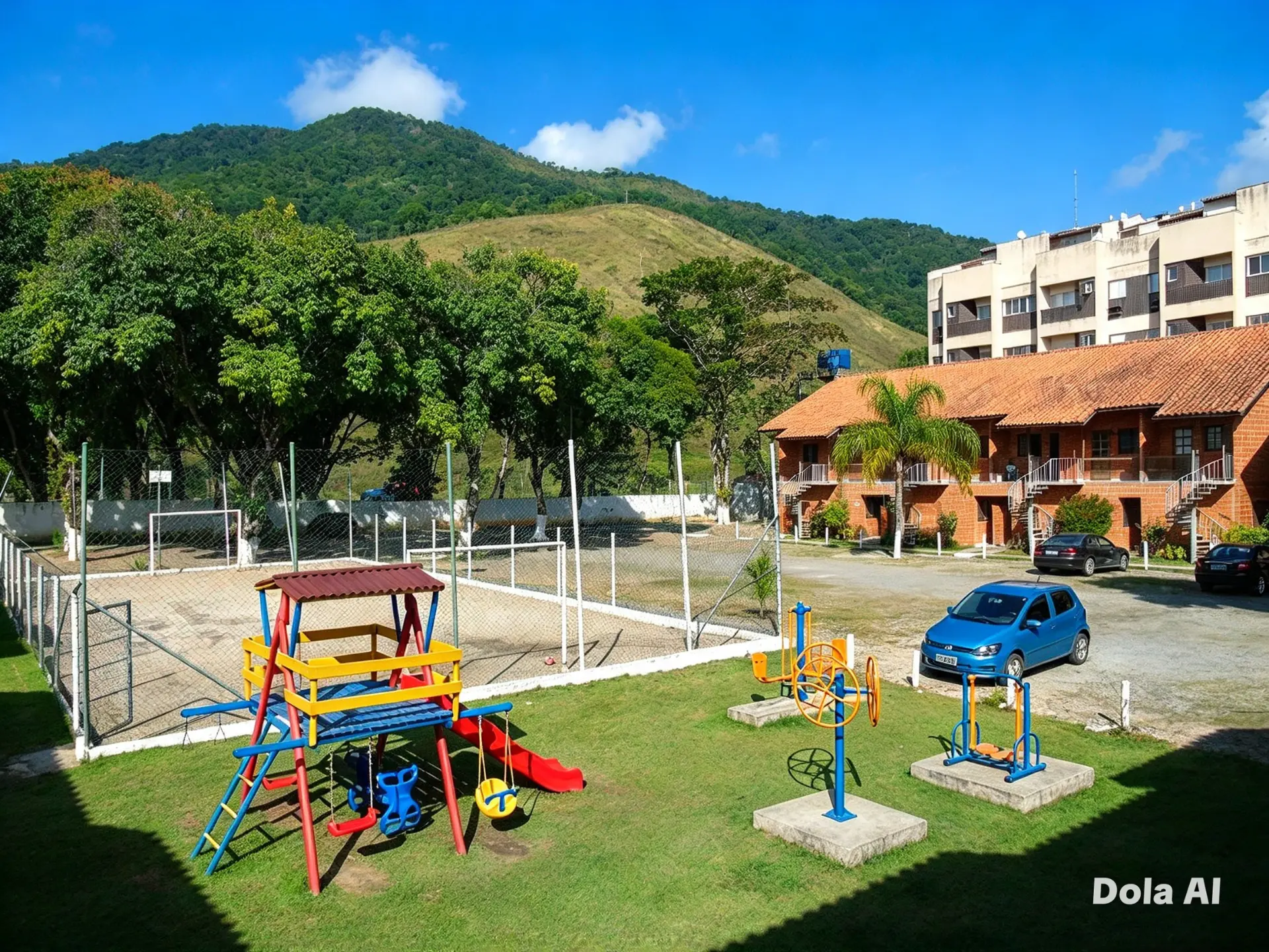 Playground infantil com brinquedos coloridos na área gramada do condomínio