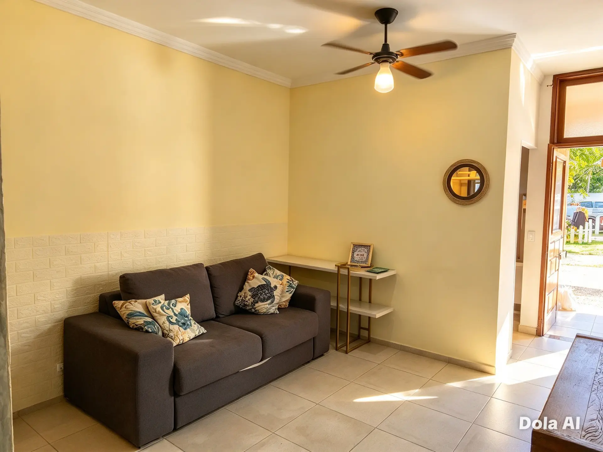 Sala com sofá, ventilador de teto e porta de entrada